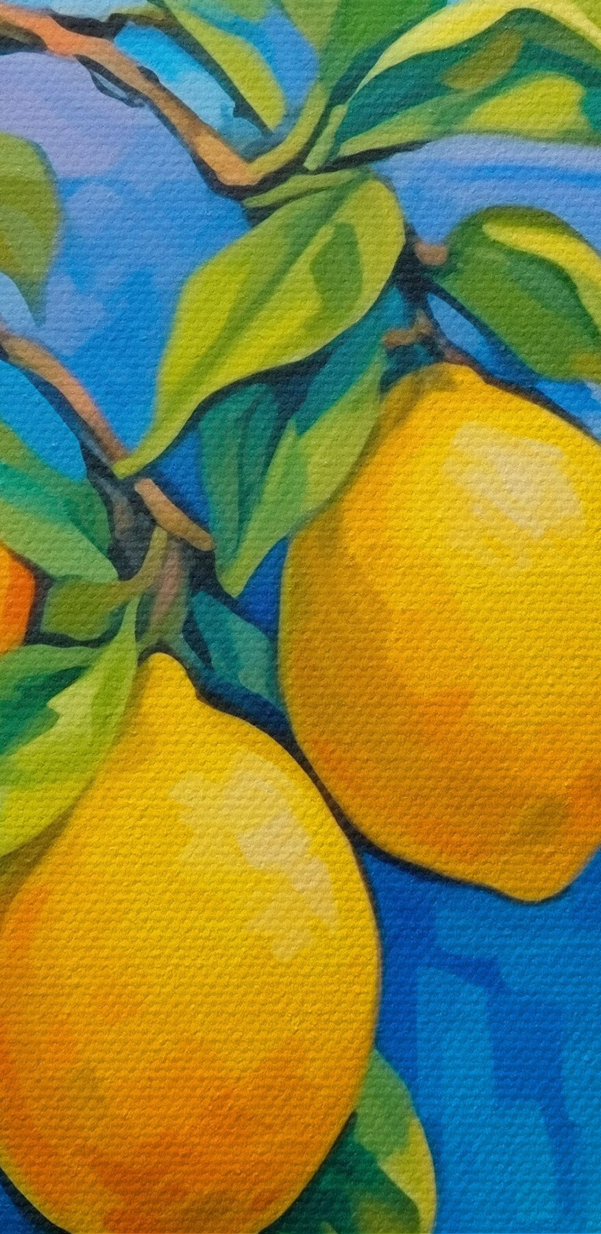 Peinture d'un citronnier avec une ville en arrière-plan