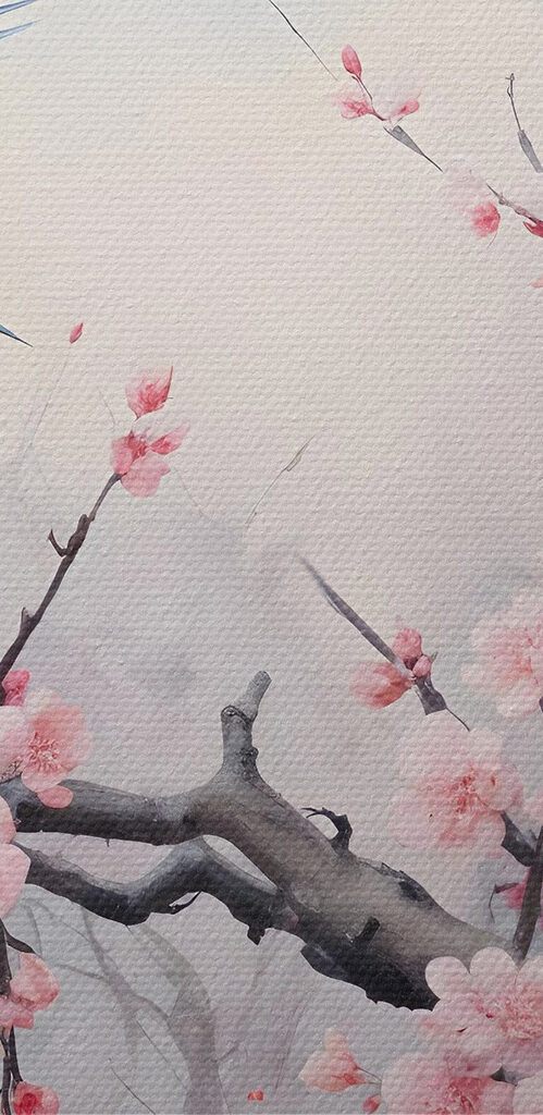 Bird on a branch with pink flowers