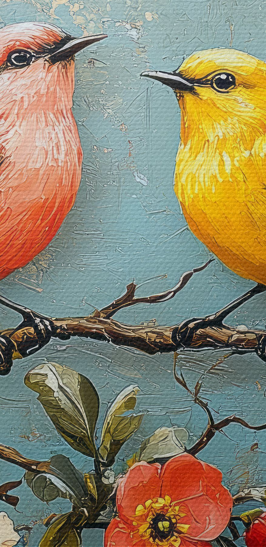 Groupe d'oiseaux sur une branche avec des fleurs