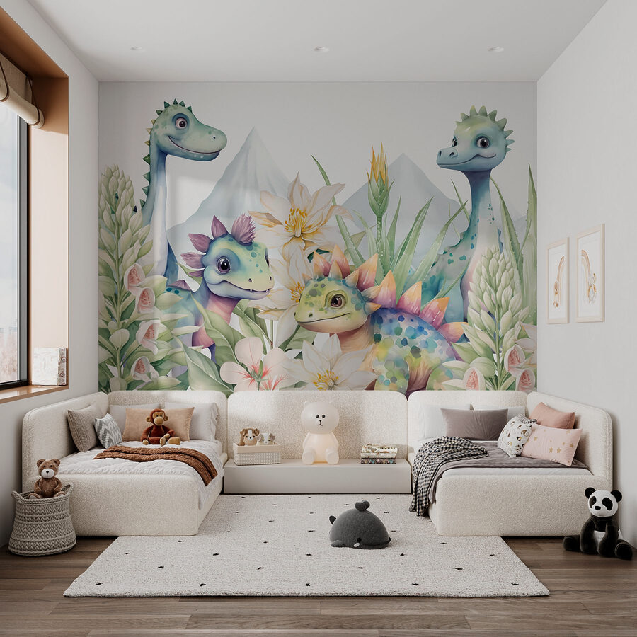 Groupe de dinosaures entourés de fleurs Groupe de dinosaures entourés de fleurs