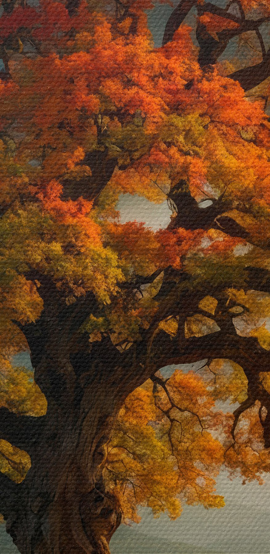 Arbre aux feuilles orange et jaunes sur une colline