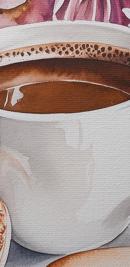 Watercolor painting of a cup of coffee and cookies