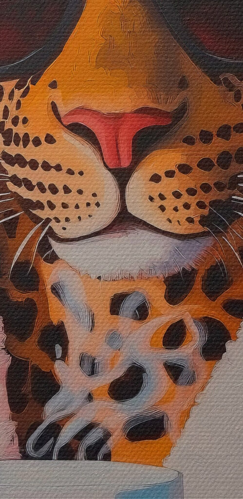 Painting of a leopard wearing a robe and sunglasses holding a cup Painting of a leopard wearing a robe and sunglasses holding a cup