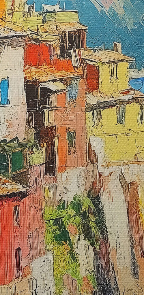 Painting of a colorful town on a cliff by the water