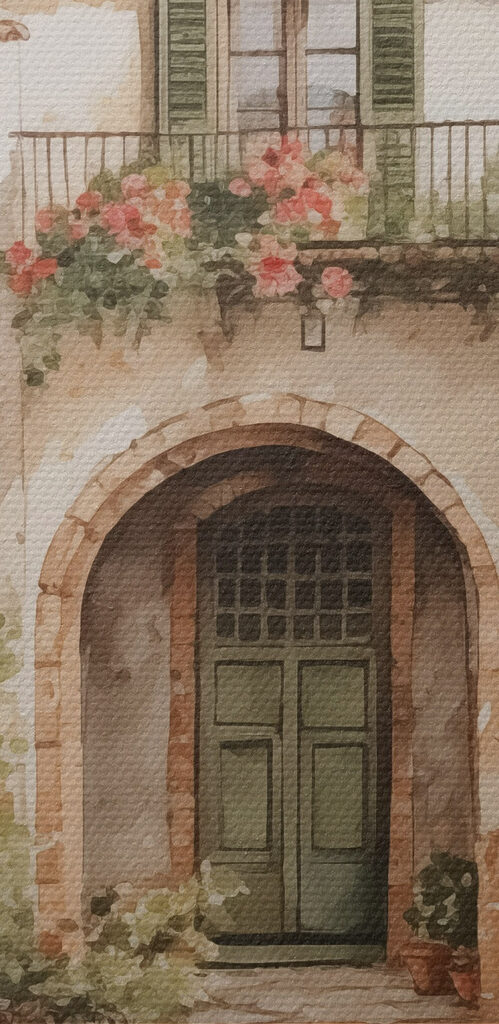 Painting of a house with potted plants Painting of a house with potted plants