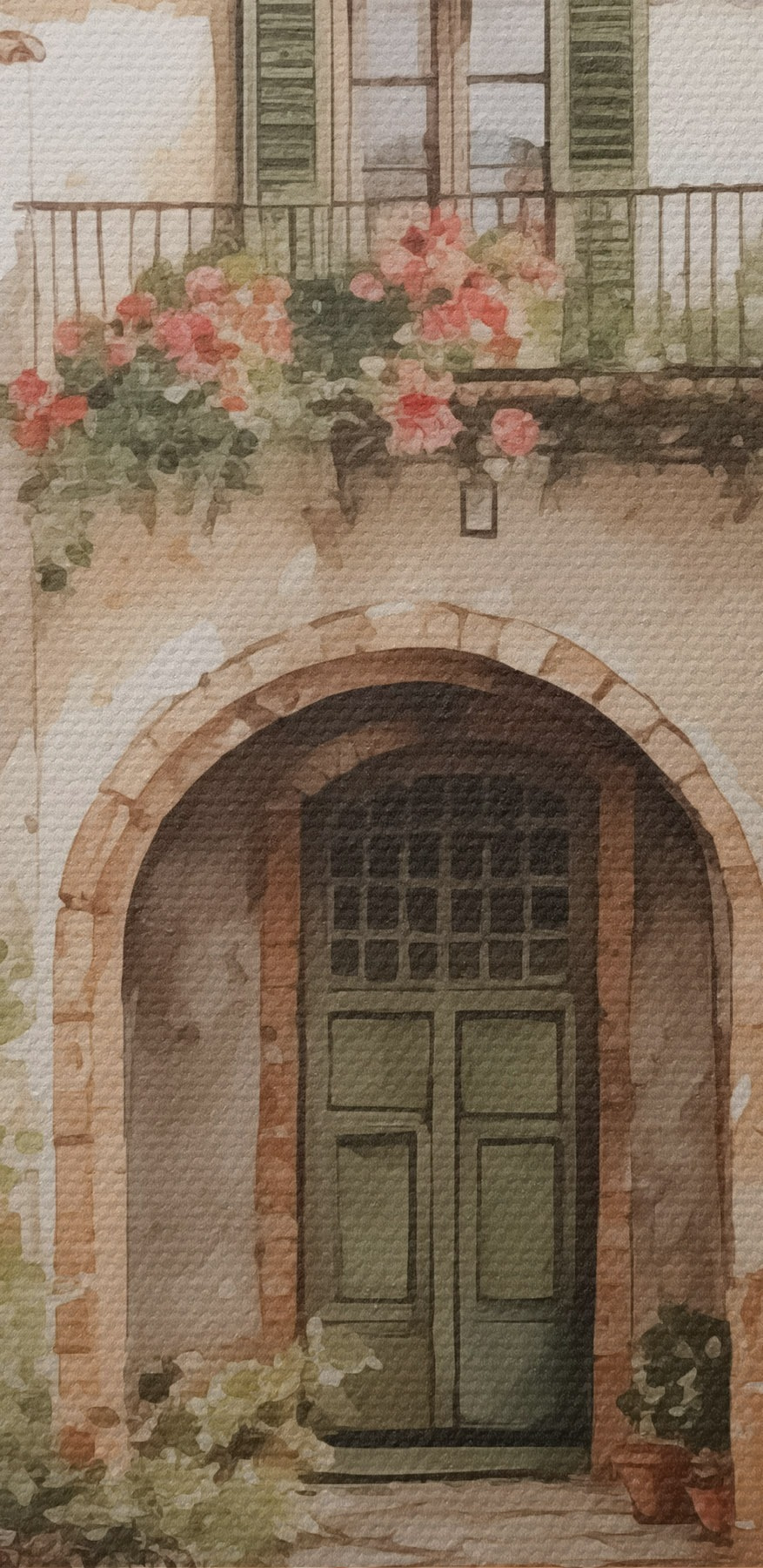 Painting of a house with potted plants Painting of a house with potted plants