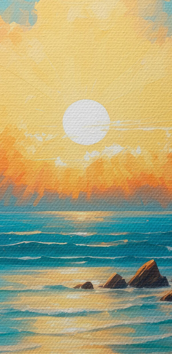 Peinture d'une plage avec des rochers, de l'eau et le soleil Peinture d'une plage avec des rochers, de l'eau et le soleil