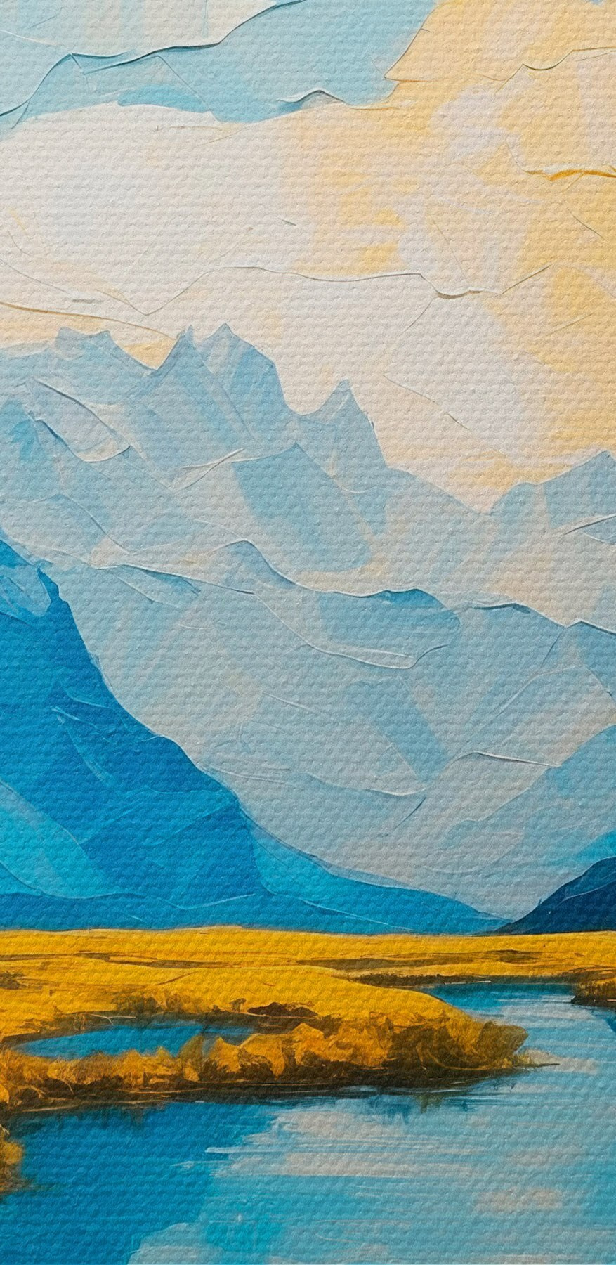 Peinture d'une rivière avec des montagnes et de l'herbe Peinture d'une rivière avec des montagnes et de l'herbe