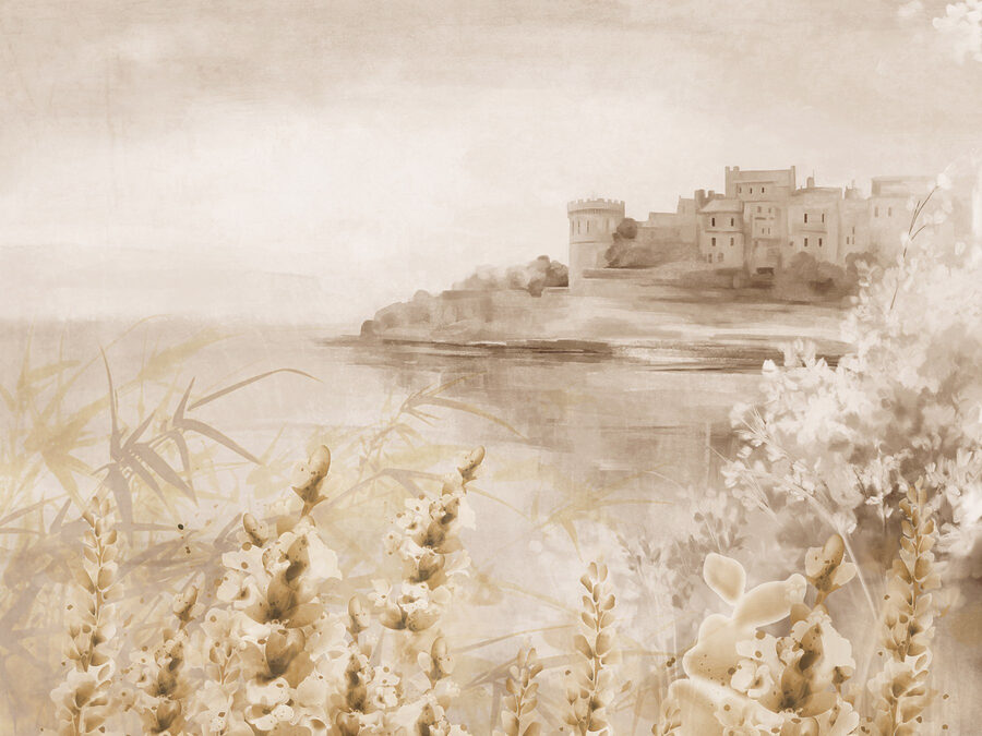 Peinture d'un château et d'un lac