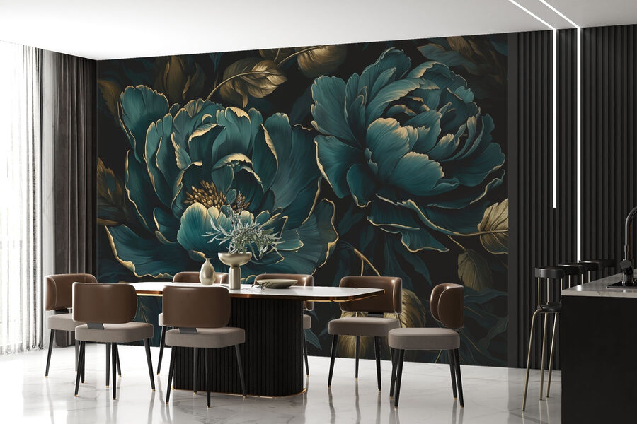 Pivoines bleues texturées sur fond sombre