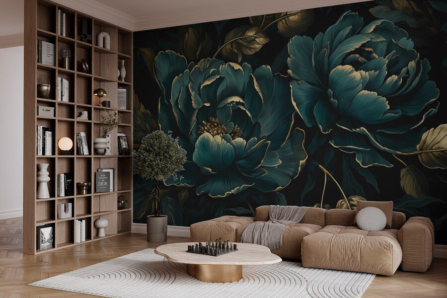 Pivoines bleues texturées sur fond sombre