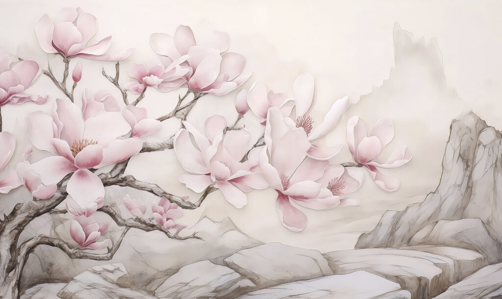 Peinture d'un arbre avec des fleurs roses Peinture d'un arbre avec des fleurs roses