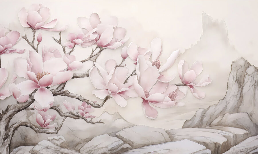 Peinture d'un arbre avec des fleurs roses