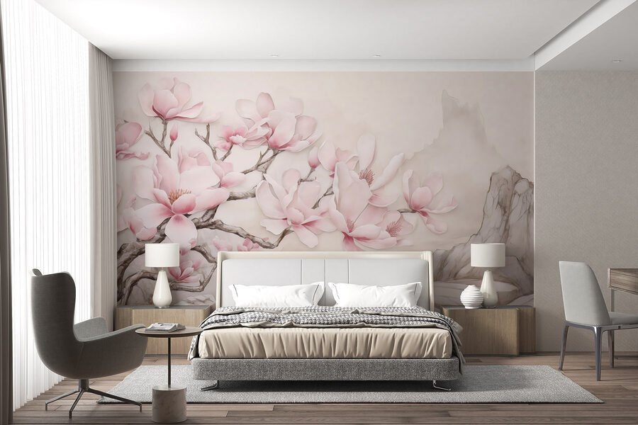 Peinture d'un arbre avec des fleurs roses