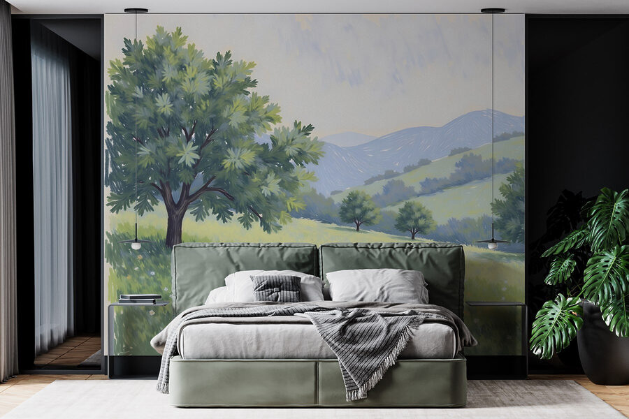Paysage avec arbres et collines