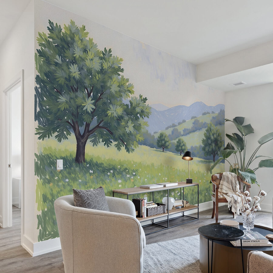 Paysage avec arbres et collines