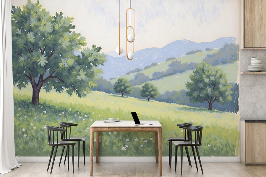 Paysage avec arbres et collines