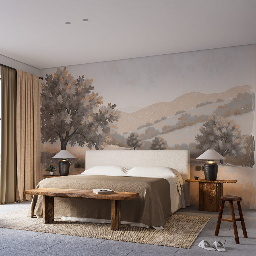 Paysage avec arbres et collines