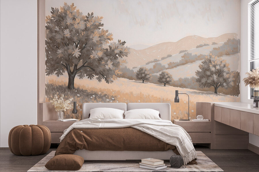 Paysage avec arbres et collines