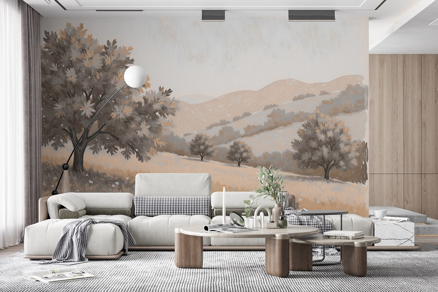 Paysage avec arbres et collines