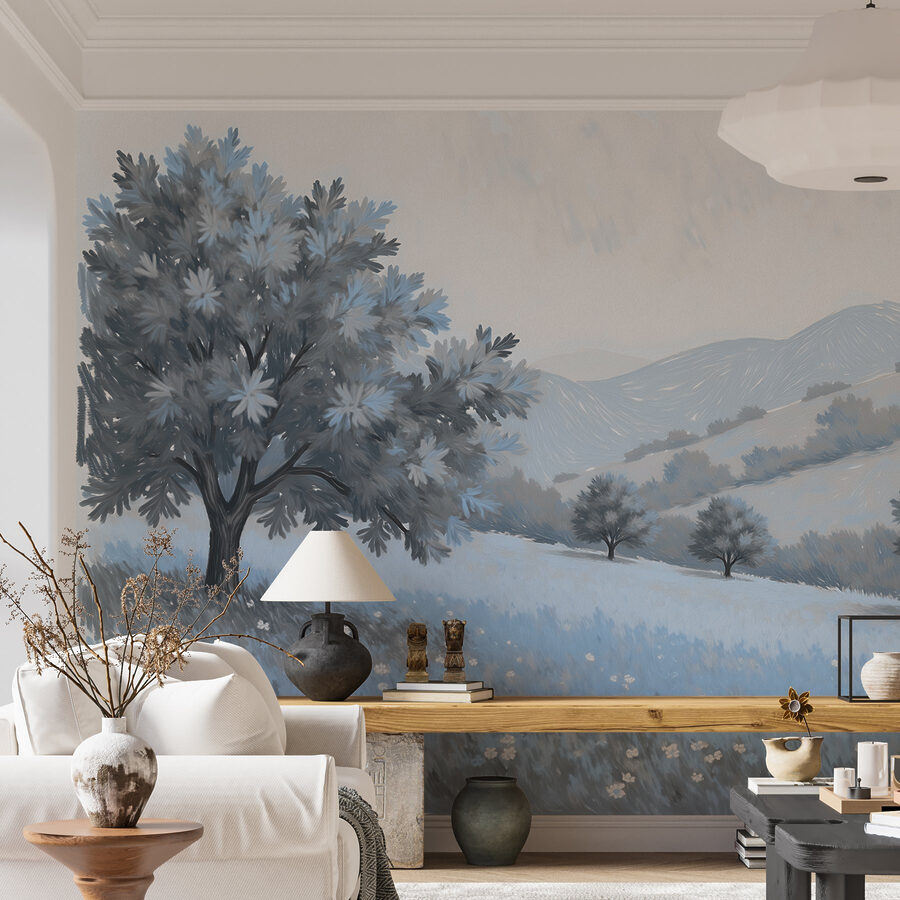 Paysage avec arbres et fleurs