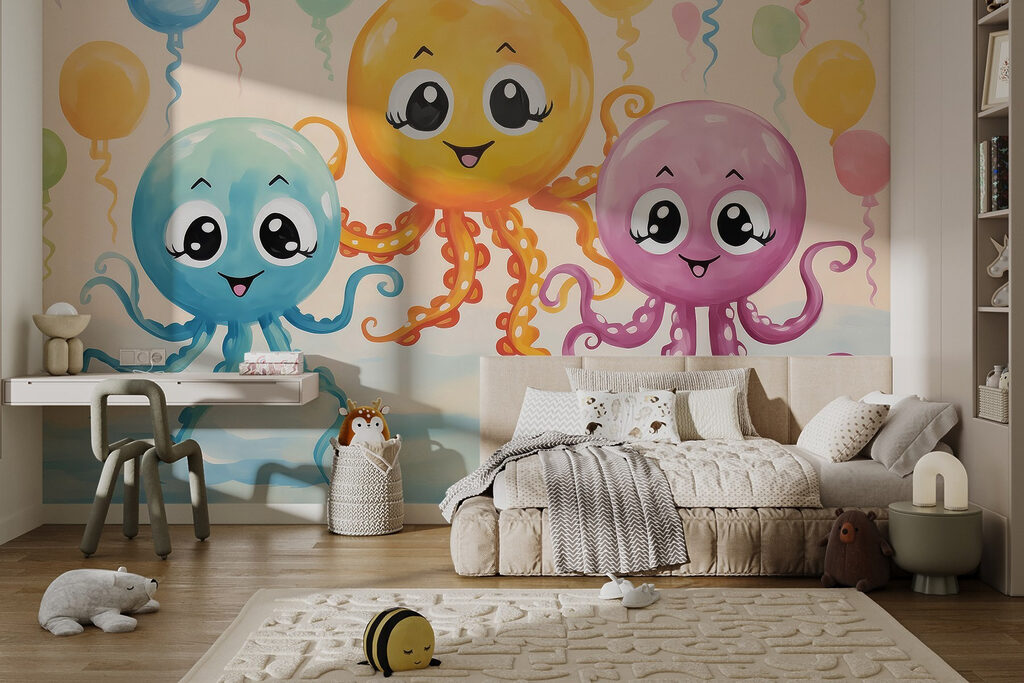 Group of octopuses with balloons
