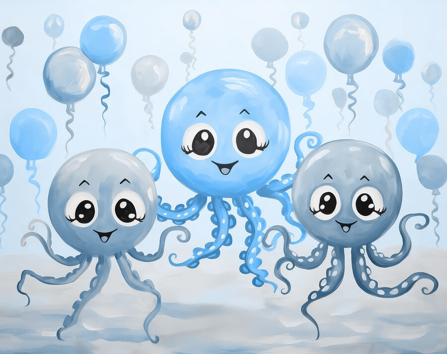 Groupe de pieuvres avec des ballons