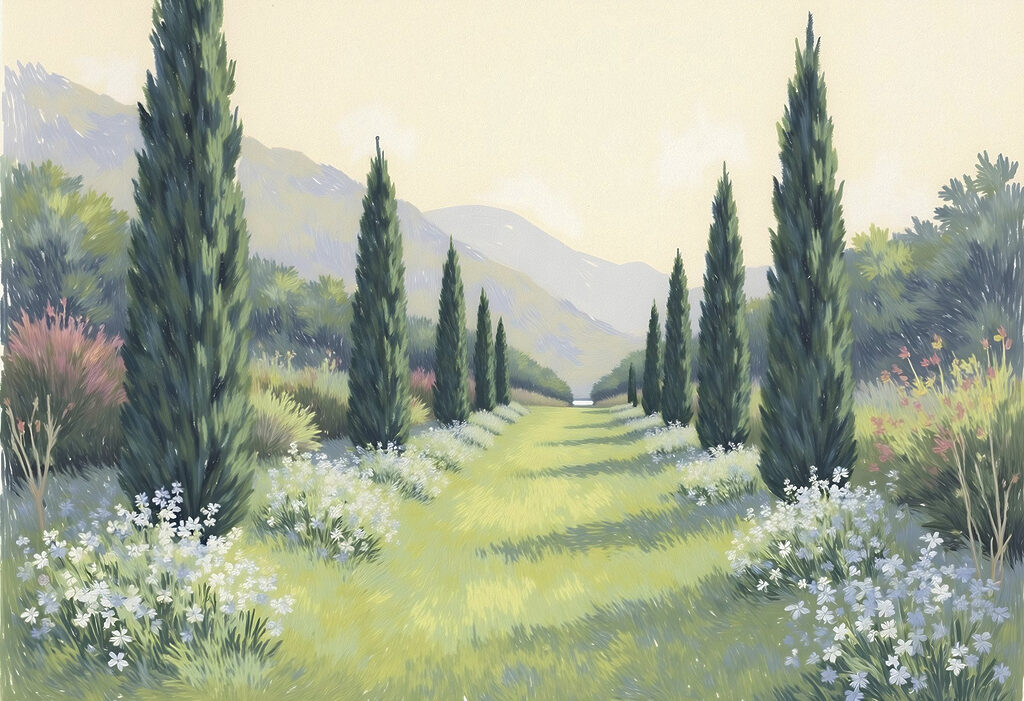 Peinture d'un paysage avec des arbres et des fleurs Peinture d'un paysage avec des arbres et des fleurs