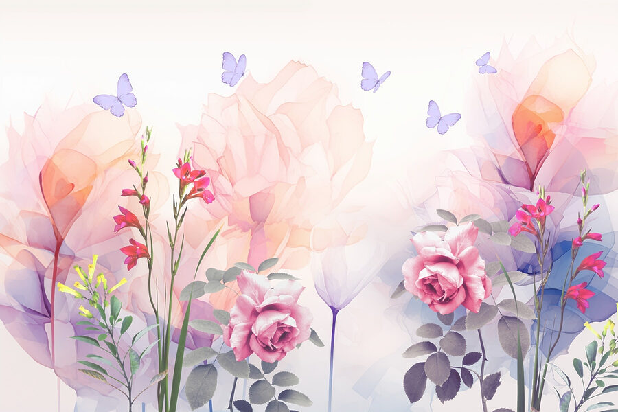Groupe de fleurs avec papillons
