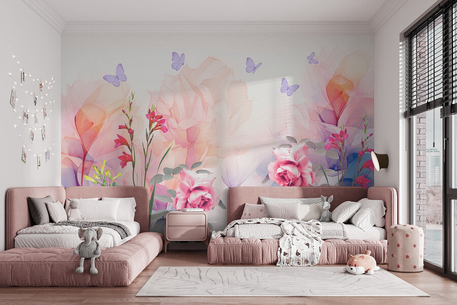 Groupe de fleurs avec papillons