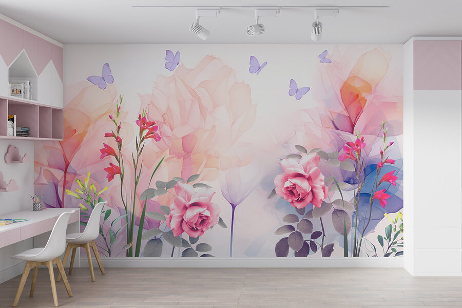 Groupe de fleurs avec papillons