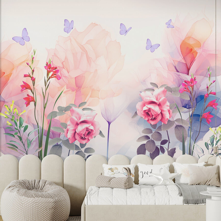 Groupe de fleurs avec papillons