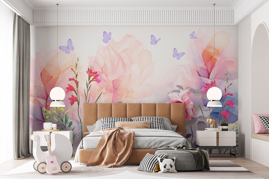 Groupe de fleurs avec papillons