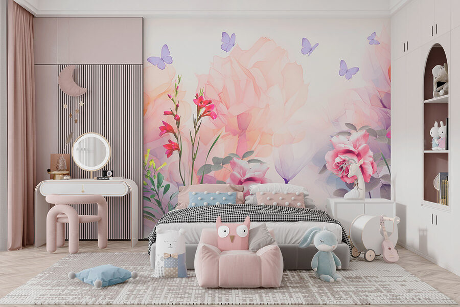 Groupe de fleurs avec papillons