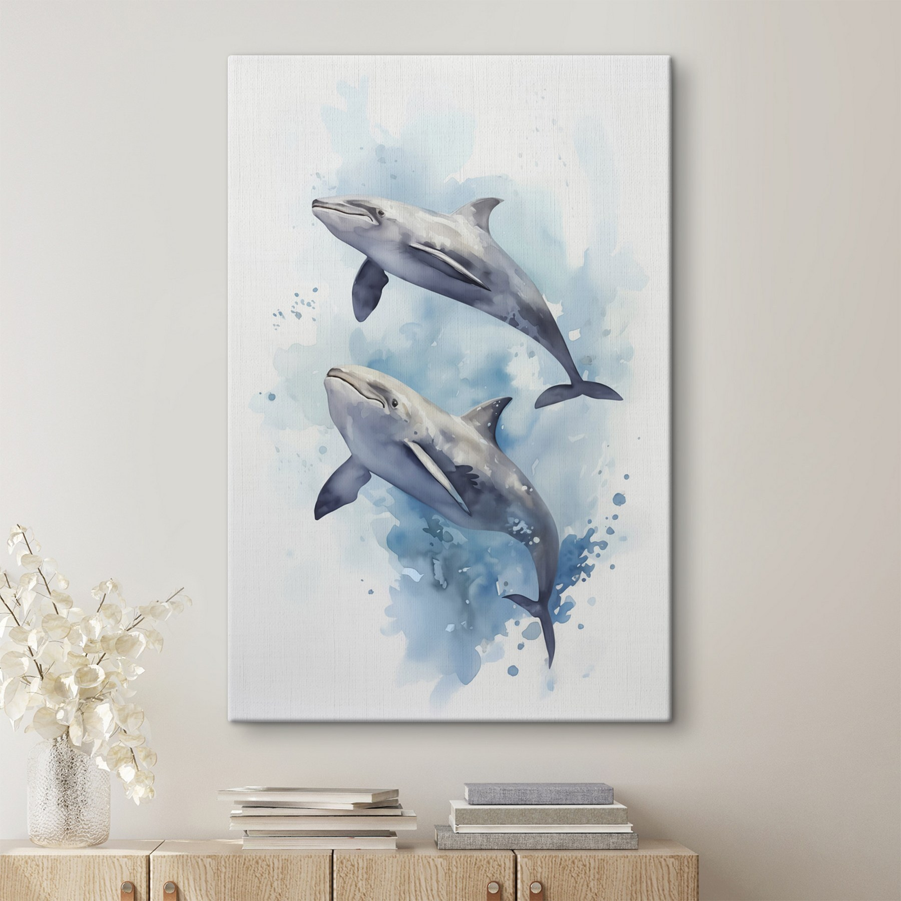 Two dolphins swimming in the water
