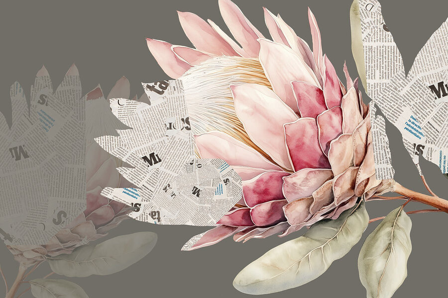 Fleur avec des feuilles et un journal