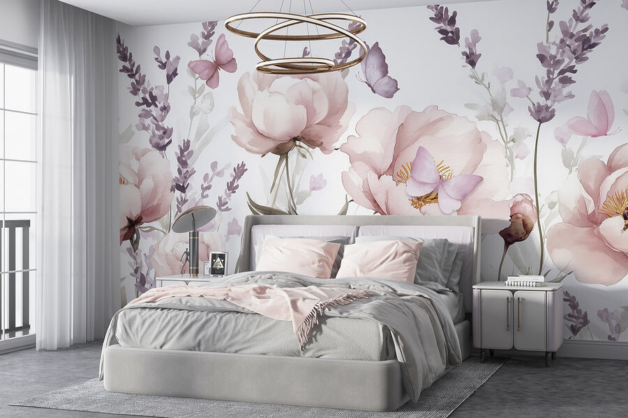 Papier peint Peinture de fleurs et de papillons