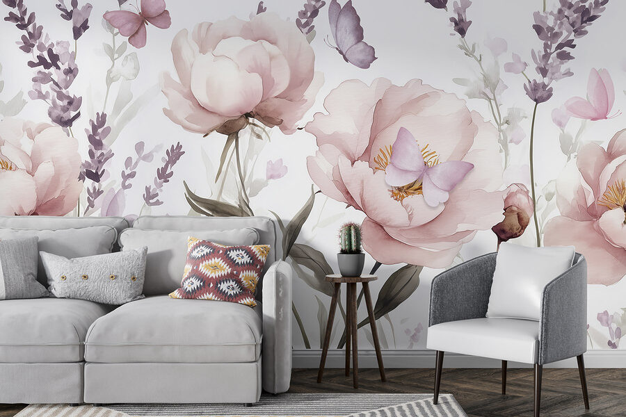 Papier peint Peinture de fleurs et de papillons – Image 3
