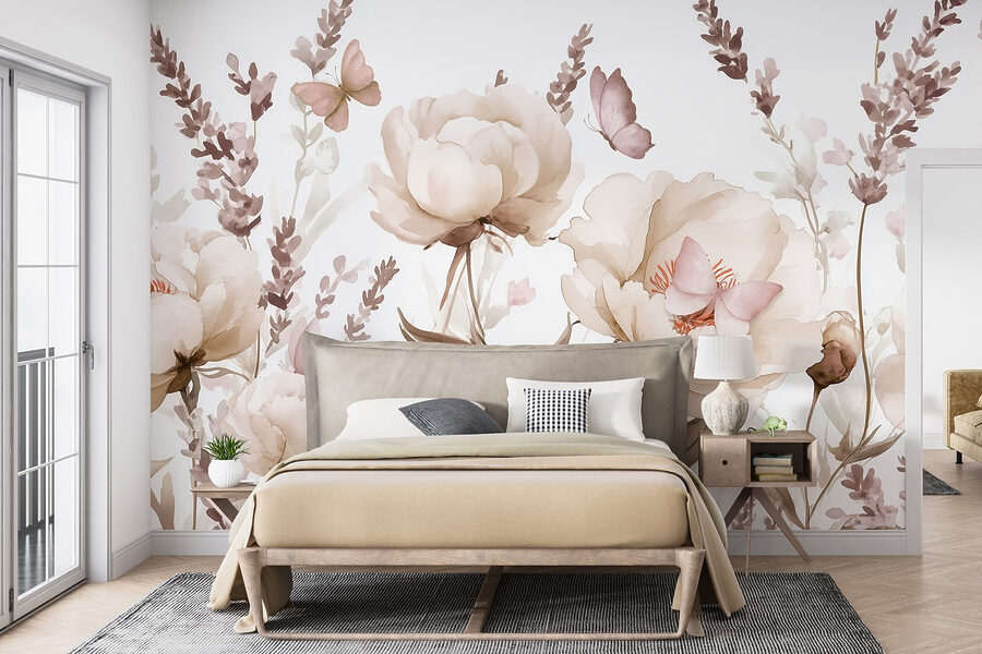 Papier peint Peinture de fleurs et de papillons