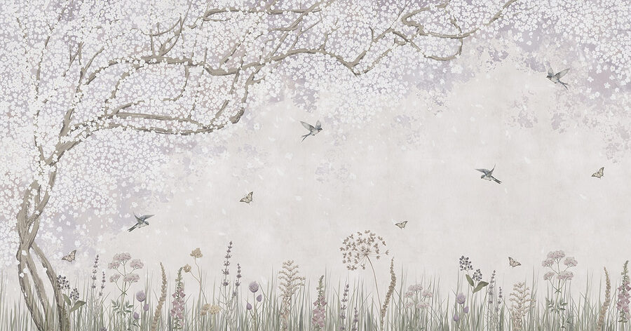Peinture d'un jardin avec des fleurs et des papillons