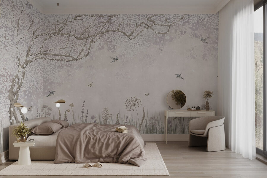 Peinture d'un jardin avec des fleurs et des papillons