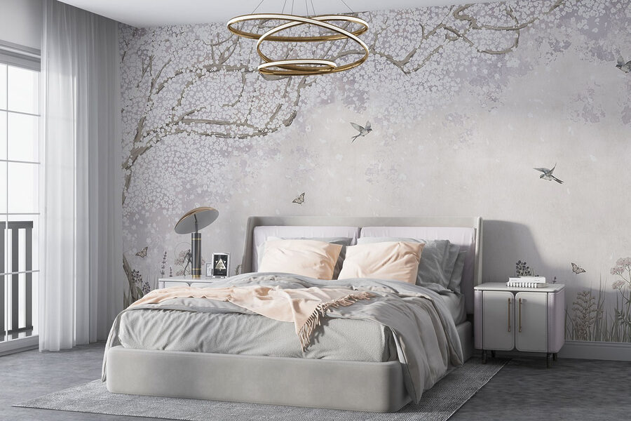 Peinture d'un jardin avec des fleurs et des papillons