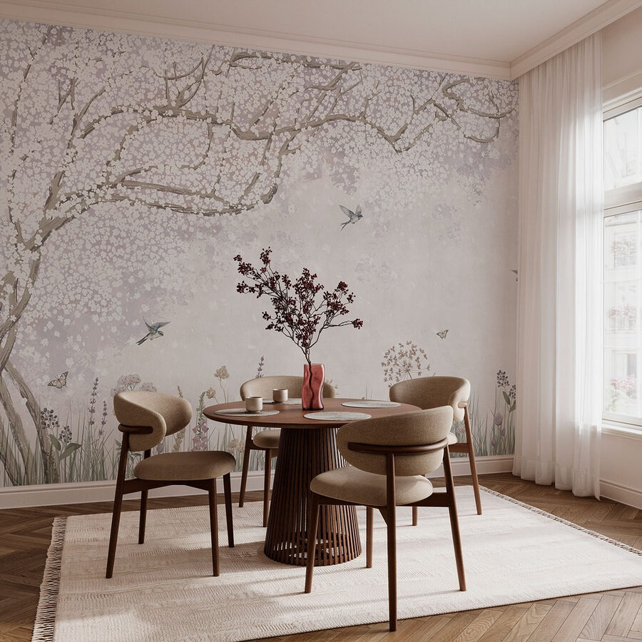 Peinture d'un jardin avec des fleurs et des papillons