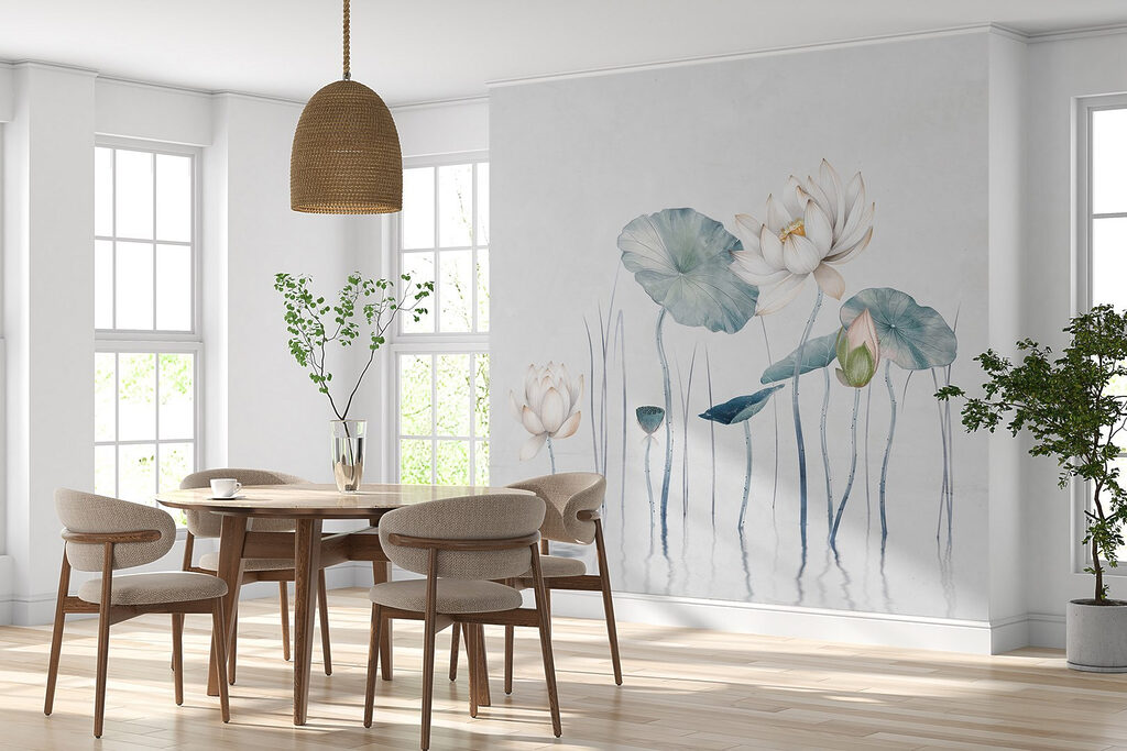 Painting of flowers and leaves in water