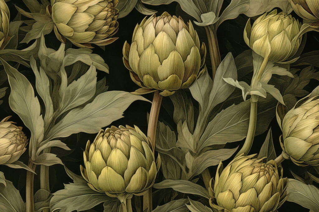 Artichauts avec feuilles et tiges sur fond noir Artichauts avec feuilles et tiges sur fond noir