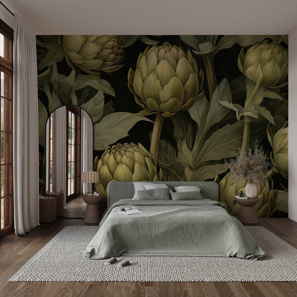 Artichauts avec feuilles et tiges sur fond noir Artichauts avec feuilles et tiges sur fond noir
