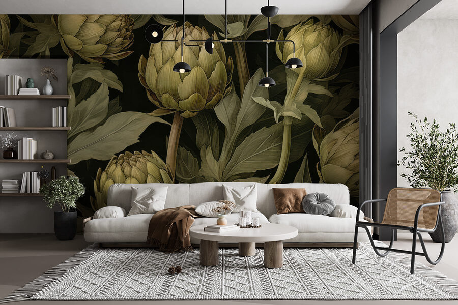 Artichauts avec feuilles et tiges sur fond noir