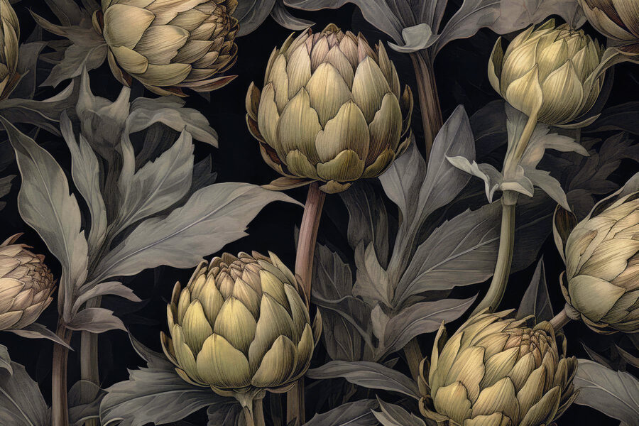 Artichauts et feuilles sur fond noir