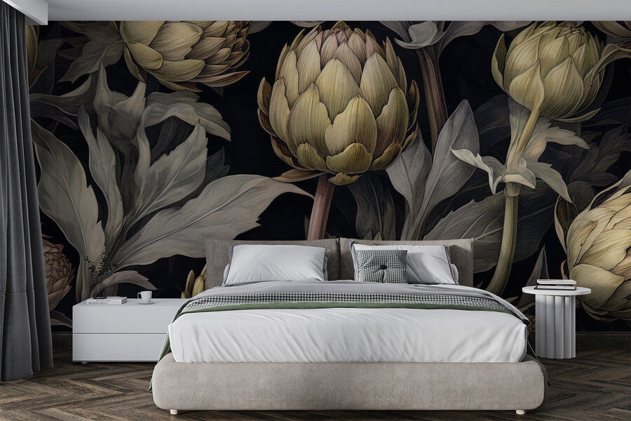 Artichauts et feuilles sur fond noir
