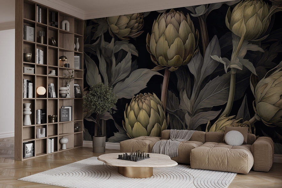 Artichauts et feuilles sur fond noir